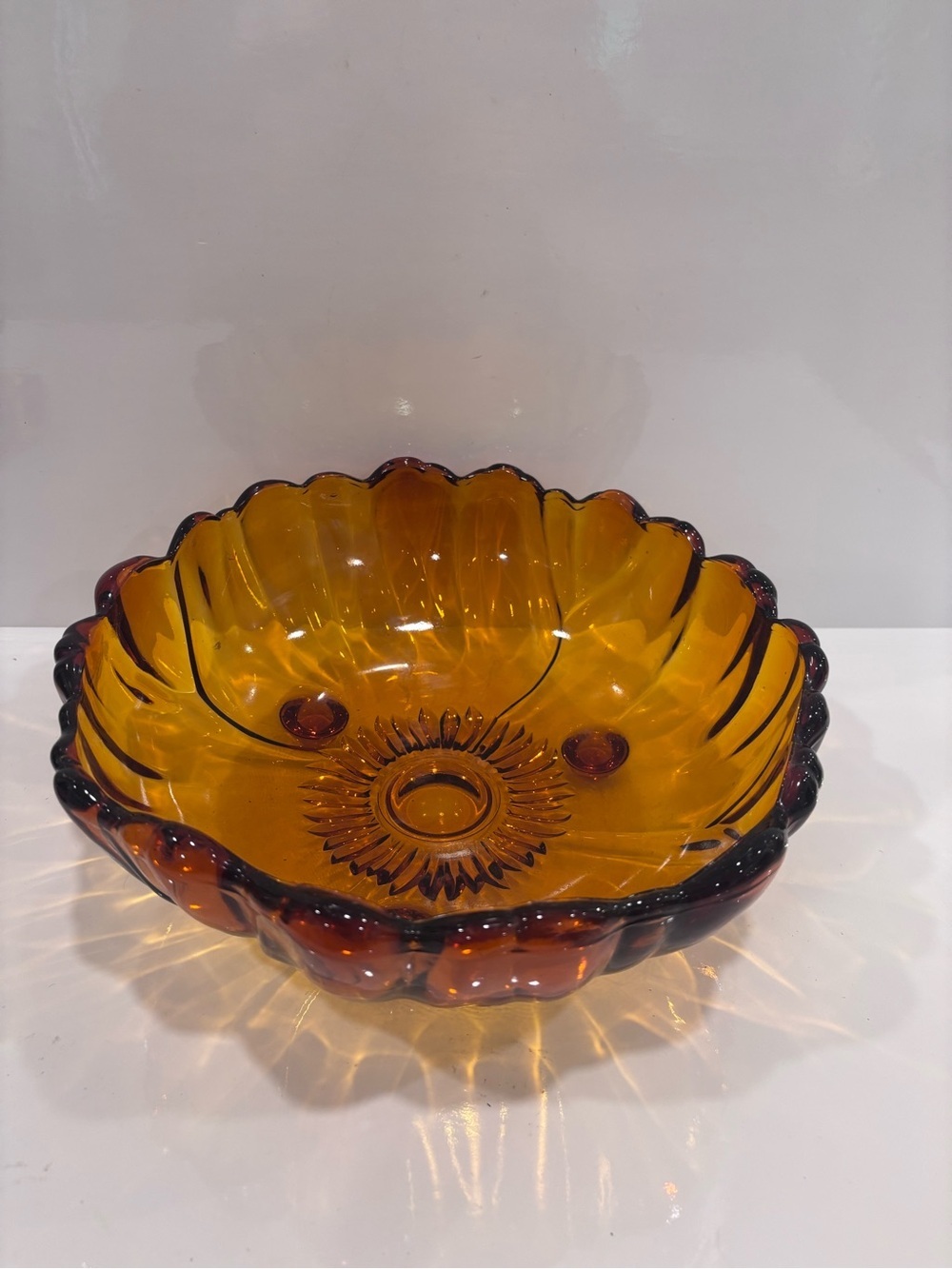 Vintage Amber pressed glass 3 footed console fruit bowl scalloped 10”
